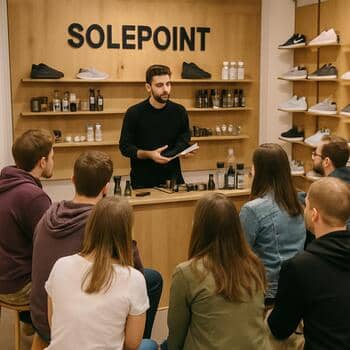 SolePoint mağazasında ayakkabı bakım atölyesi yapan küçük grup