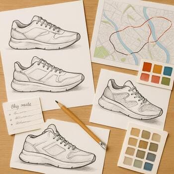 Ayakkabı eskizleri ve renk notlarıyla dolu tasarım masası