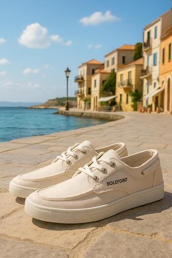 Sahil kasabasında ahşap iskelede duran SolePoint spor ayakkabısı