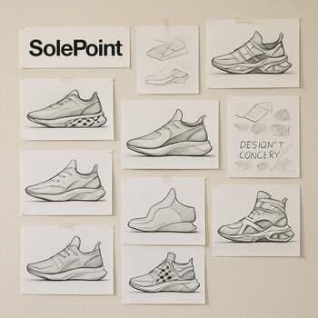 Gelecek ayakkabı rotaları için çizimlerle kaplı stüdyo duvarı