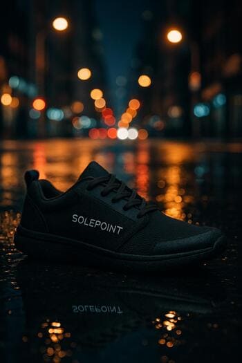 Gece sokak ışıklarının SolePoint ayakkabı vitrin camına yansıması