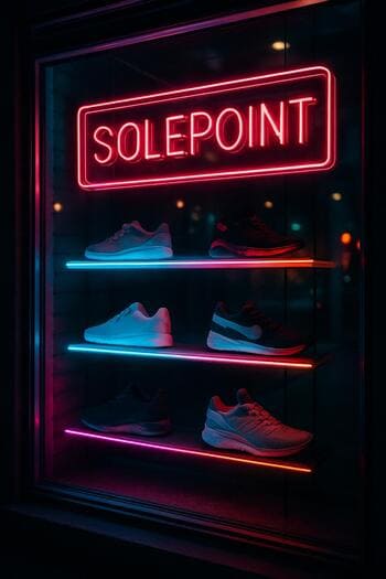 Neon ışıklar altında SolePoint mağaza vitrininde sergilenen ayakkabılar