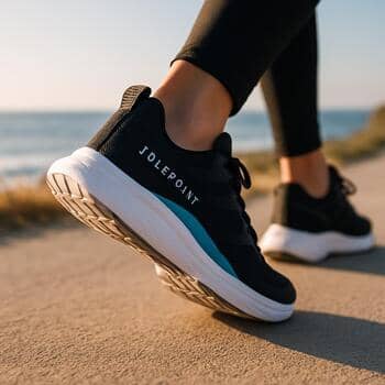 Sabah sahil yolunda yürüyen SolePoint spor ayakkabılı kişi