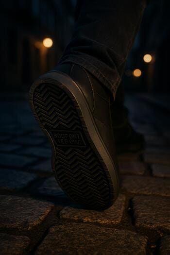 Akşam eski taş sokaklarda yürüyen SolePoint Night Shift ayakkabıları