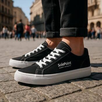 Öğlen kalabalık şehir meydanında SolePoint sneaker adımları