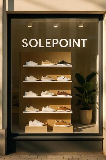 Sabah ışığında SolePoint mağaza vitrinindeki ayakkabılar