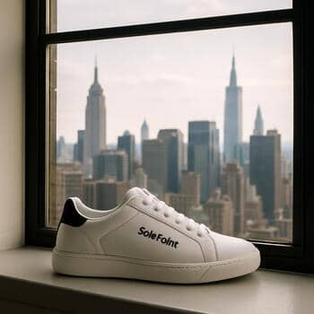 Stüdyo penceresinden görünen şehir manzarası ve masadaki SolePoint ayakkabısı