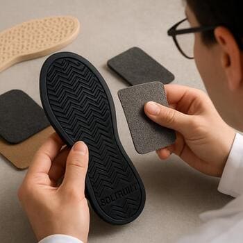 Malzeme sorumlusu SolePoint taban ve kumaş numunelerini inceliyor