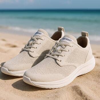 Yaz akşamında sahil yolunda yürüyen SolePoint sandalet ve sneaker kombinasyonu