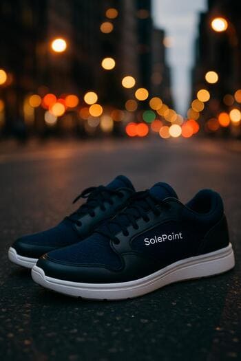 Akşam şehir ışıkları altında yürüyen SolePoint ayakkabılar