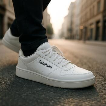 Mahalle kahvesi önünde SolePoint sneaker giyen kişi