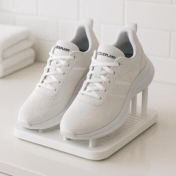 Havadar raf üzerinde kurumaya bırakılmış SolePoint spor ayakkabılar