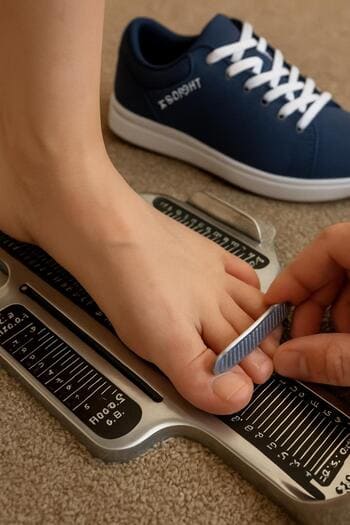 SolePoint mağazasında ayak ölçüm aleti üzerinde ayakkabı denemesi