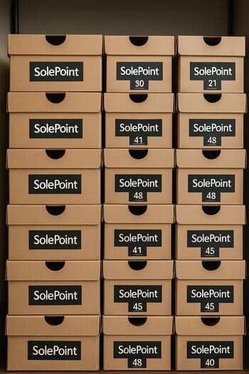 Numaralara göre dizilmiş SolePoint ayakkabı kutuları raf görünümü