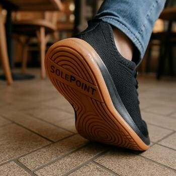 Kafe zemini üzerinde sessiz adım atan SolePoint ayakkabı