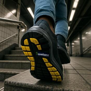 Metro merdivenlerinde SolePoint spor ayakkabı ile inen yolcu