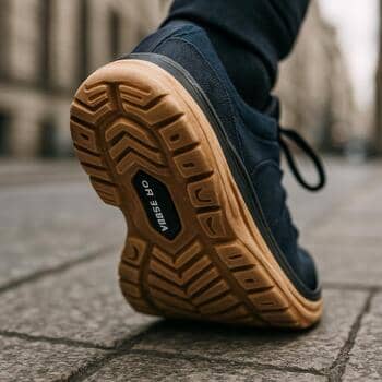 Şehir kaldırımında yumuşak tabanlı SolePoint ayakkabı adımı