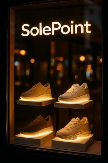Akşam ışıklarında parlayan SolePoint mağaza vitrini