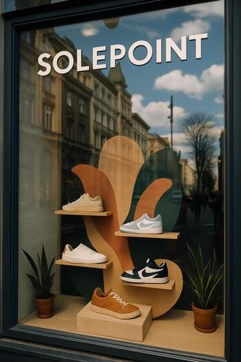 Vitrin camında şehir silüeti ve SolePoint ayakkabı yansıması