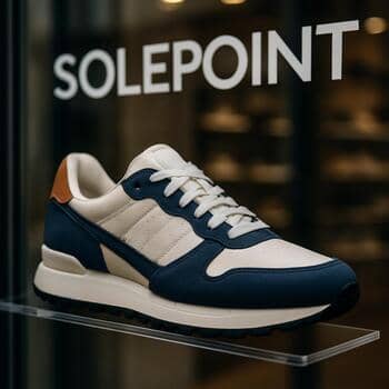 Vitrin camında yansıyan SolePoint sneaker yakın plan görüntüsü