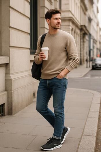 Sabah kahve sırasında SolePoint sneaker ve trençkot kombini