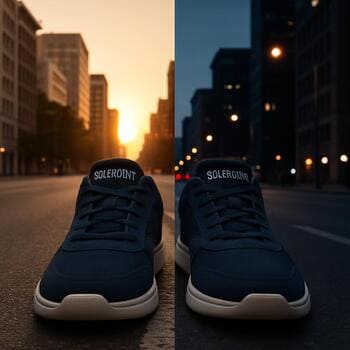 Sabah ve akşam şehir rotasında SolePoint sneaker ile yürüyen kişi