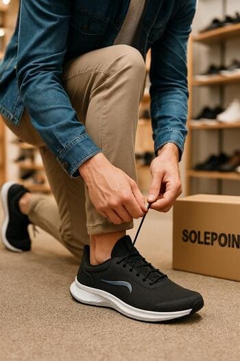 SolePoint mağazasında koleksiyon ayakkabılarını deneyen müşteri