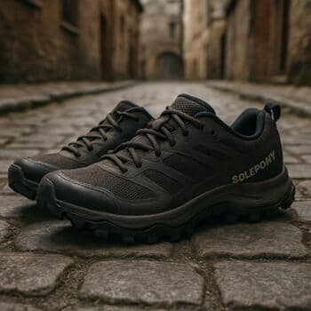 Eski taş sokakta SolePoint ayakkabı ile atılmış adımlar