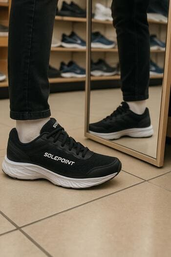 Ayna karşısında SolePoint spor ayakkabı deneyen müşteri